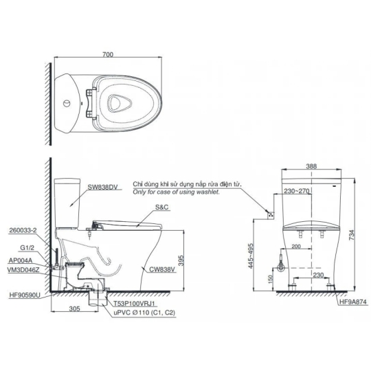 Bồn Cầu Điện Tử TOTO CS838DW14 Washlet