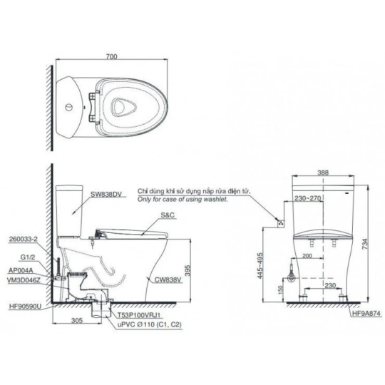 Bồn Cầu Điện Tử TOTO CS838DW18 Nắp Rửa Washlet TCF23710AAA C2 Simple
