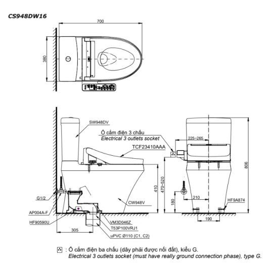 Bồn Cầu Điện Tử TOTO CS948DW16 Nắp Rửa Washlet TCF23410AAA C2