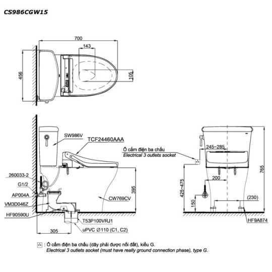 Bồn Cầu Điện Tử TOTO CS986CGW15 Nắp Rửa Washlet