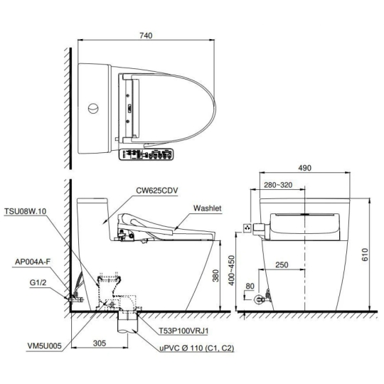 Bồn Cầu Điện Tử TOTO MS625CDW15 Washlet TCF24460AAA C5 Giấu Dây