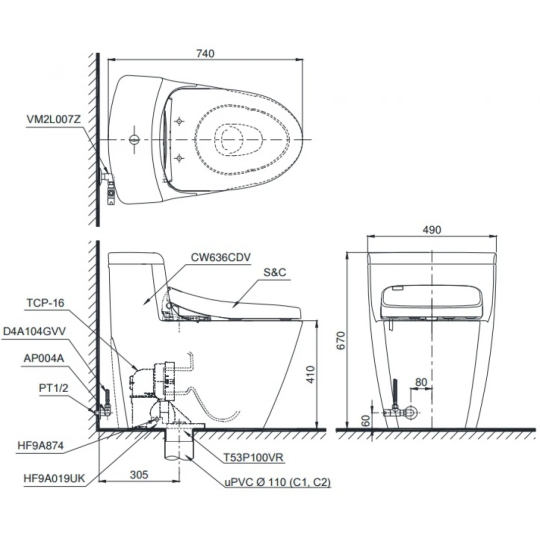 Bồn Cầu TOTO MS636DT2 1 Khối Nắp TC393VS