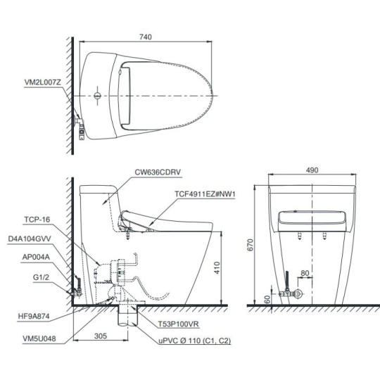 Bồn Cầu Điện Tử TOTO MS636CDRW12 Nắp Washlet Giấu Dây