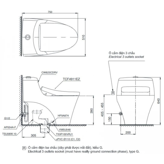 Bồn Cầu Điện Tử TOTO MS823CDRW12 Nắp Tự Động Đóng Mở Giấu Dây