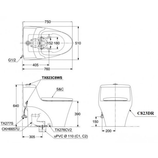 Bồn Cầu Điện Tử TOTO MS823DRW11 Nắp Tự Động Đóng Mở