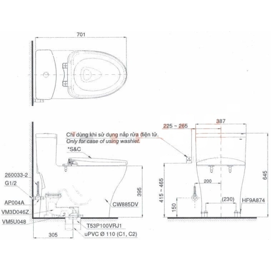 Bồn Cầu TOTO MS885DT2 Một Khối Nắp TC393VS