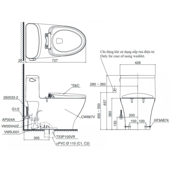 Bồn Cầu Điện Tử TOTO MS887RW16 Nắp Rửa Washlet TCF23410AAA C2