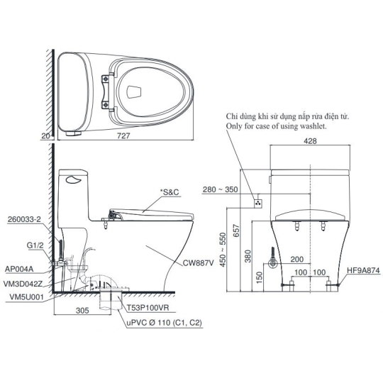 Bồn Cầu TOTO MS887RT8 (MS887T8) Một Khối Nắp TC600VS