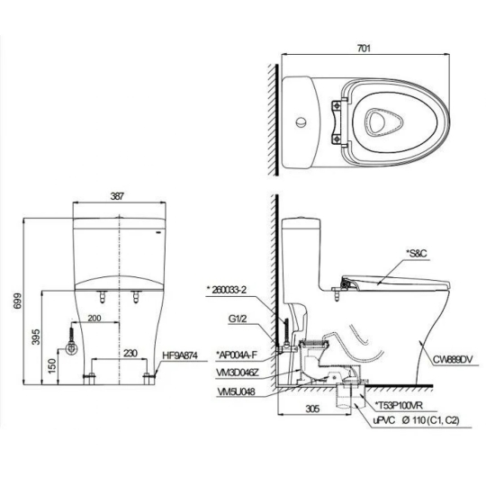 Bồn Cầu Điện Tử TOTO MS889CDRW17 Nắp Rửa Washlet TCF23460AAA C2 Giấu Dây