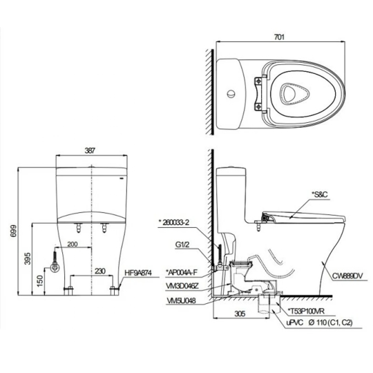 Bồn Cầu Điện Tử TOTO MS889DRW16 Nắp Rửa Washlet TCF23410AAA C2
