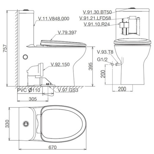 Bồn Cầu Viglacera V848 Xả Xoáy Nắp V39 + Xịt VG826