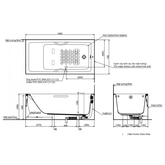 Bồn Tắm TOTO PAY1525VC#W/TVBF411 Chân Yếm 1.5M