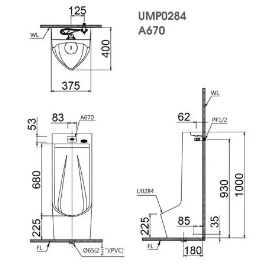 Bồn Tiểu Nam Caesar UMP0284 Đặt Sàn Tự Tái Tạo