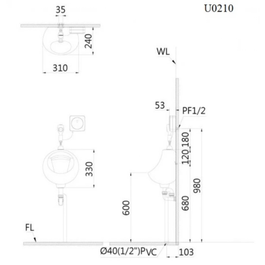 Bồn Tiểu Nam CAESAR U0210 Treo Tường Xả Thẳng
