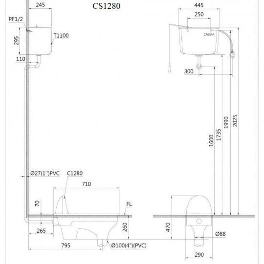 Bồn Cầu Xổm CAESAR CS1280 Thùng T1110 Treo Tường