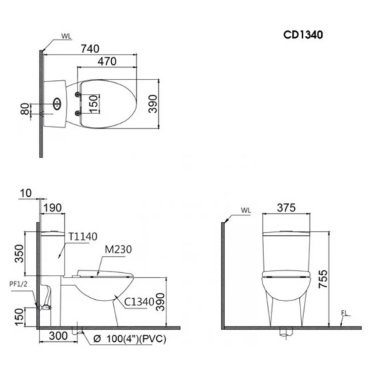 Bồn Cầu CAESAR CD1340 Thùng T1140 Nắp Êm