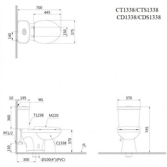 Bồn Cầu CAESAR CTS1338 Thùng T1138 1 Nhấn Nắp Êm