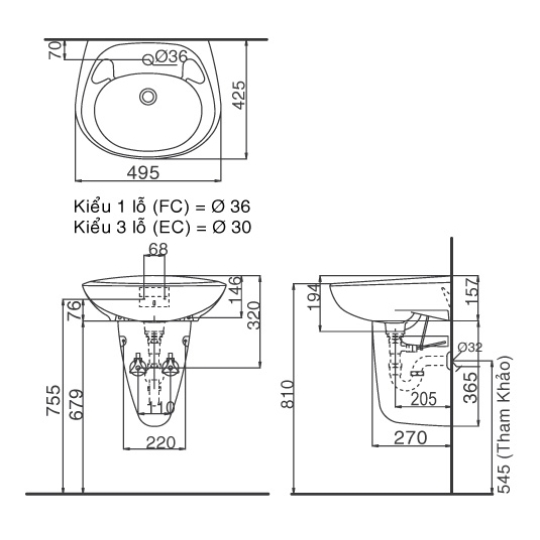 Lavabo Treo Tường Inax L-284V/L-284VC Kèm Chân Ngắn