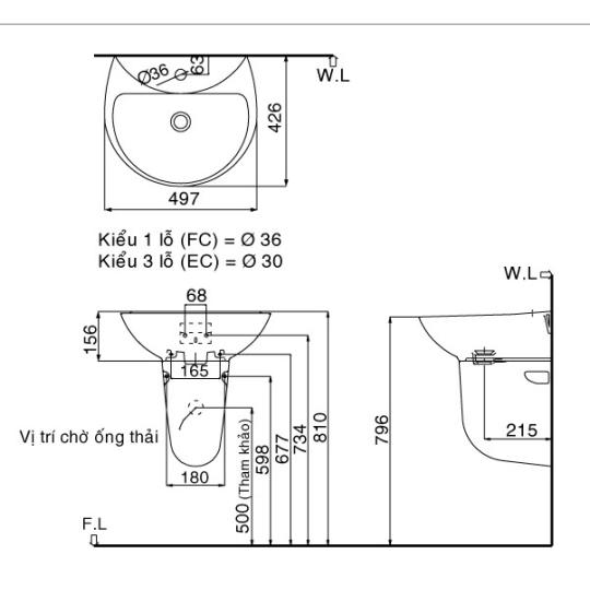 Lavabo Treo Tường Inax L-285V/L-288VC Kèm Chân Ngắn