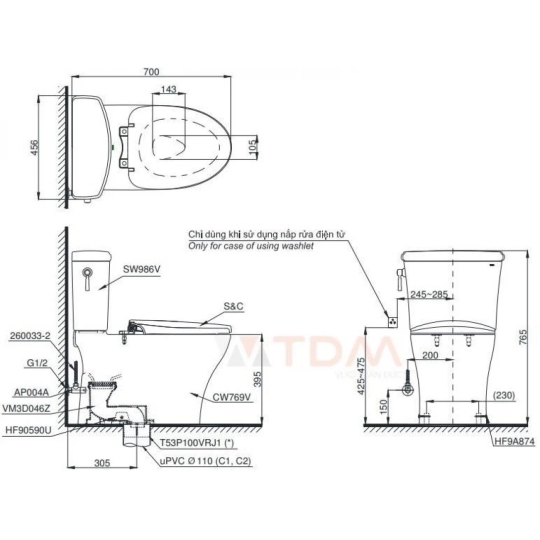 Bồn Cầu Hai Khối TOTO CS986GT2 Nắp đóng êm TC393VS