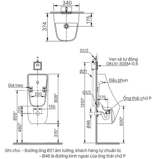 Bồn Tiểu Nam Inax AU-468VAC Treo Tường 0.5L Cấp Âm