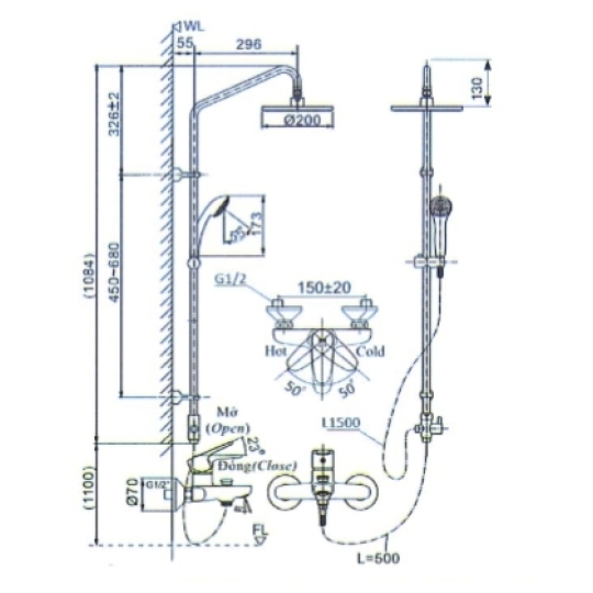 Vòi Sen Tắm Cây Inax BFV-1115S-3C (BFV1115S3C) Nóng Lạnh