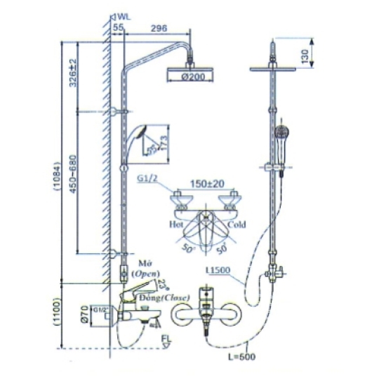 Vòi Sen Tắm Cây Inax BFV-1115S Nóng Lạnh