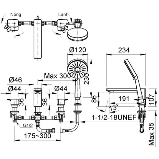 Vòi Sen Tắm Gắn Bồn Inax BFV-5013S Nóng Lạnh