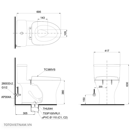 Bồn Cầu TOTO MS885DT3 Một Khối Nắp TC385VS