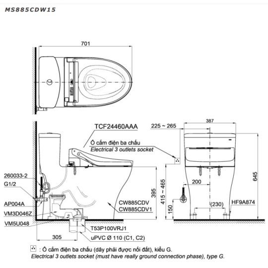 Bồn Cầu Điện Tử TOTO MS885CDW15 Washlet