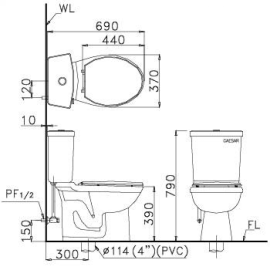 Bàn Cầu CAESAR CTS1325 Thùng T1125 1 Nhấn Nắp Êm