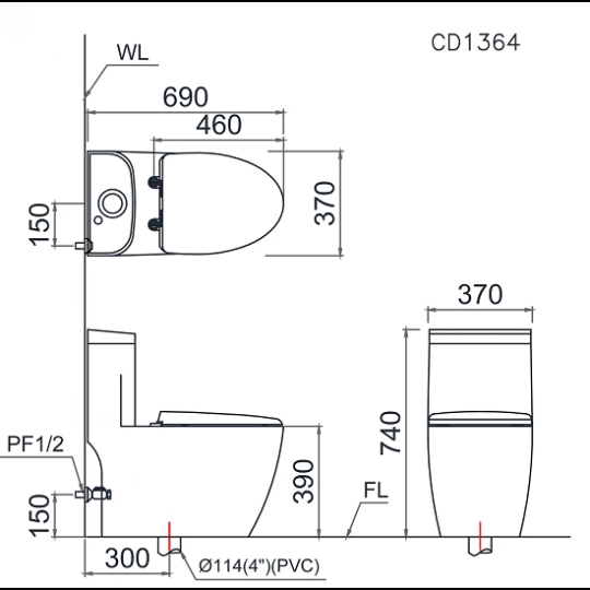 Bồn Cầu Caesar CD1364 1 Khối