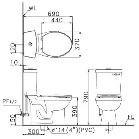 Bồn Cầu CAESAR CD1325 Thùng T1225 2 Nhấn Nắp Thường