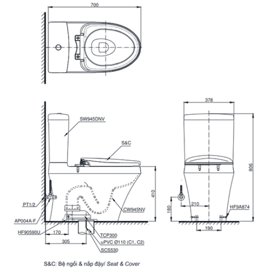 Bồn Cầu TOTO CS948DT8 Hai Khối Nắp TC600VS