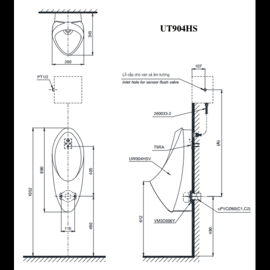 Bồn Tiểu Nam TOTO UT904HN#XW (UT904HS) Treo Tường