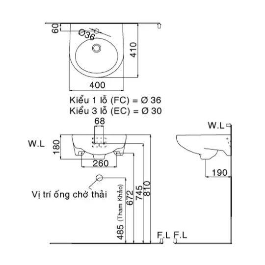 Chậu rửa mặt INAX L-282VFC/BW1, L-282VEC/BW1 – Treo tường