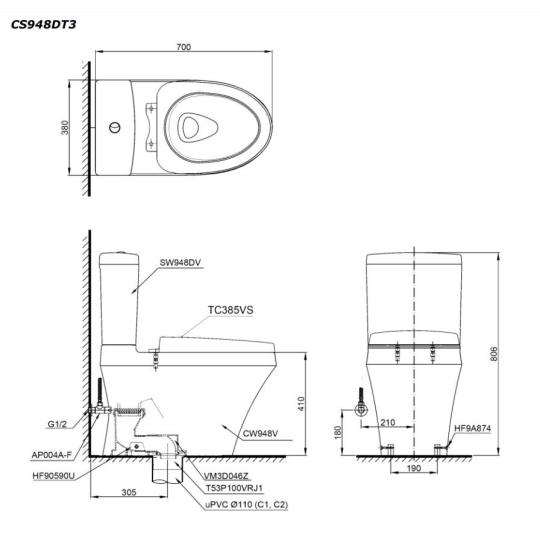 Bồn Cầu TOTO CS948DT3 Hai Khối Nắp TC385VS