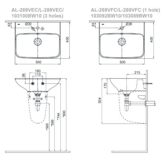 Chậu Lavabo Inax L-289V/L-288VC Treo Tường Chân Ngắn