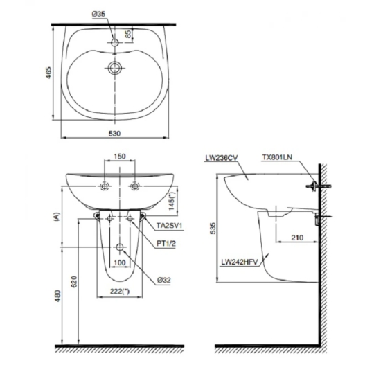 Lavabo TOTO LHT236CS Treo Tường Chân Ngắn