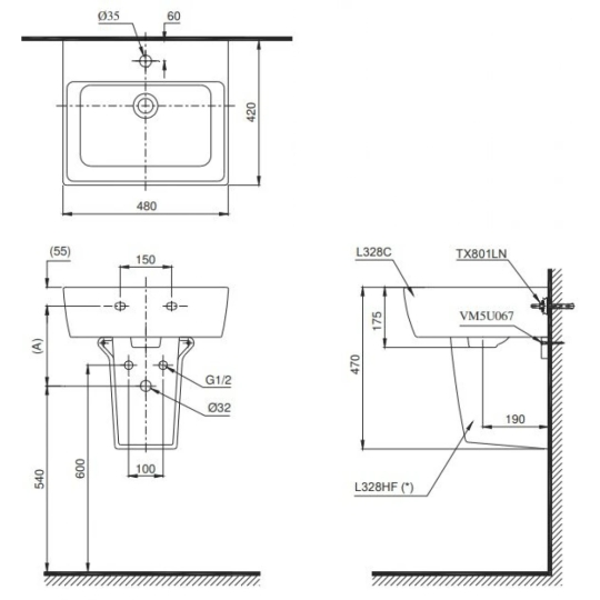 Chậu Rửa Mặt Lavabo TOTO LHT328C#XW Chữ Nhật Treo Tường Chân Ngắn