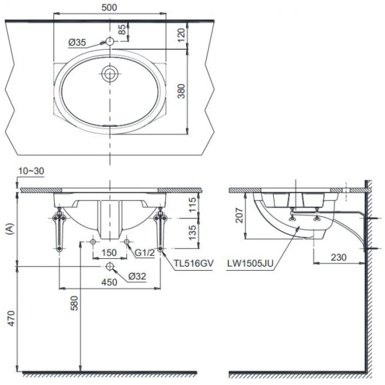 Chậu Lavabo TOTO LW1505V#XW Âm Bàn Oval