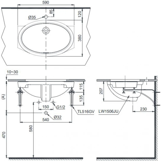 Chậu Lavabo TOTO LW1506V#XW Âm Bàn Oval