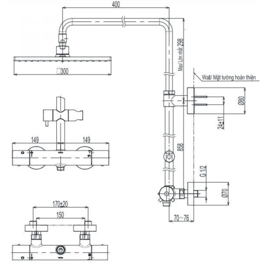 Vòi Sen Cây TOTO TBW08406A Nhiệt Độ Vuông 300mm