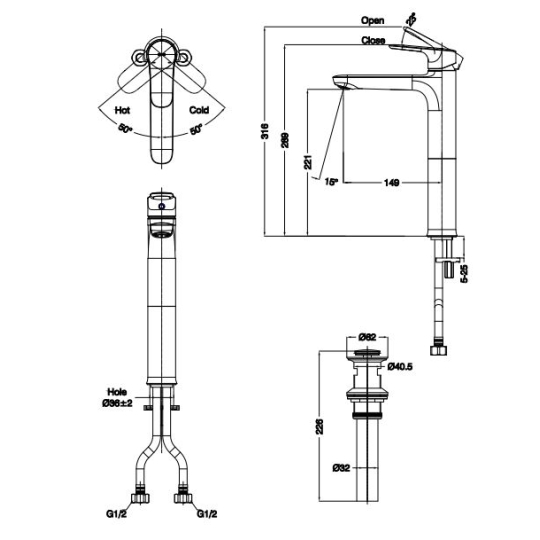 Vòi Lavabo Inax LFV-1402SH Nóng Lạnh Thân Cao Kèm Trụ Xả Nhấn