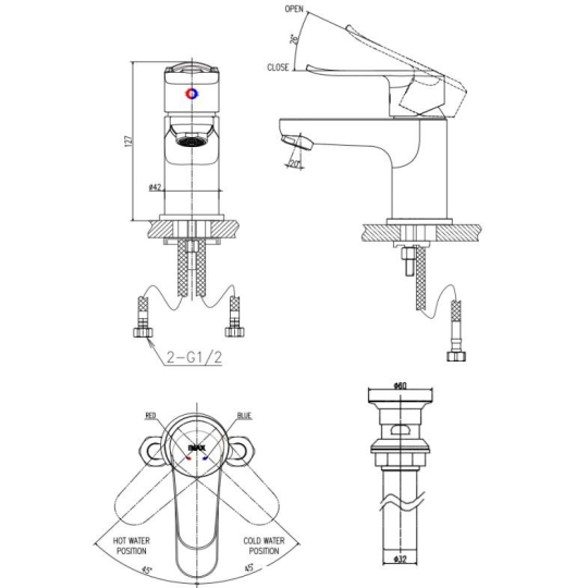Vòi Lavabo Inax LFV-2012S-R Nóng Lạnh Kèm Trụ Xả Lật