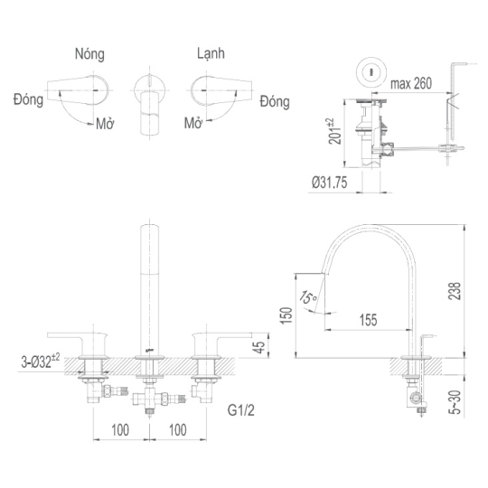 Vòi Lavabo Inax LFV-7100B Van Nóng Lạnh Riêng 3 Lỗ