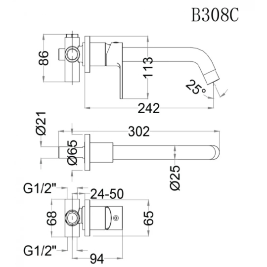 Vòi Lavabo Gắn Tường Caesar B308C Nóng Lạnh