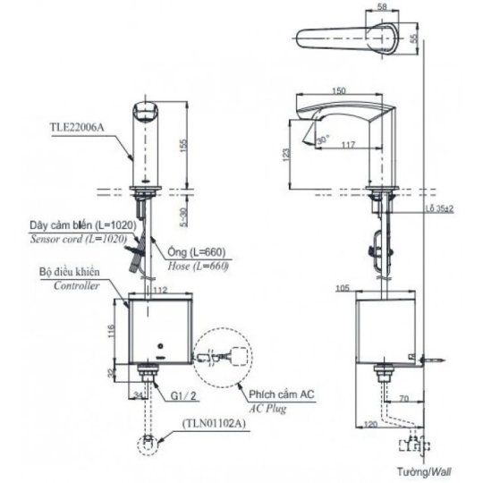 Vòi Lavabo Cảm Ứng TOTO TLE22006A/TLE04502A1/TLN01102A PIN 2L