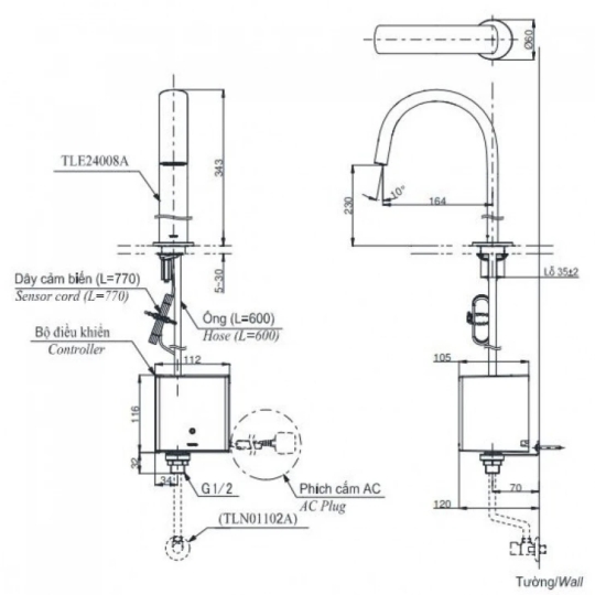 Vòi Lavabo Cảm Ứng TOTO TLE24008A/TLE01502A1/TLN01102A Thân Cao 220V 2L