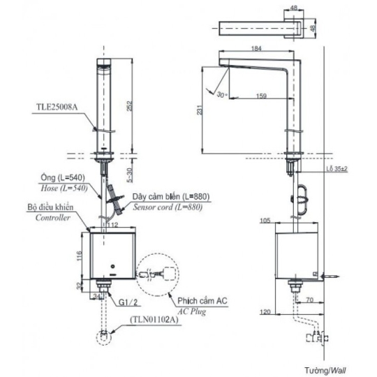 Vòi Lavabo Cảm Ứng TOTO TLE25008A /TLE01502A1/TLN01102A Thân Cao 220V 2L